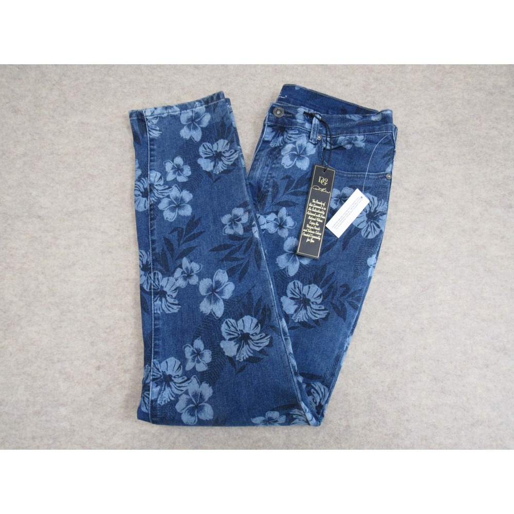 DG2 Diane Gilman Hibiscus Floral Print Virtual Stretch Jeans Blue Womens 14T